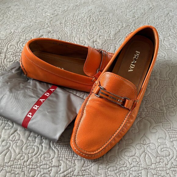 Prada Men's Orange Leather loafers/slip on Shoes, Size 13 / UK 12 Gently Used - Picture 1 of 10